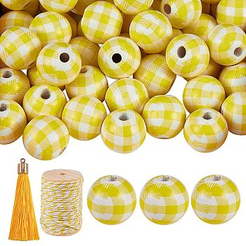 50Pcs Natural Wooden Beads with Tartan Pattern, 10Pcs Polyester Tassel Big Pendant Decorations, 1 Roll Cotton String Threads, for DIY Jewelry Finding Kits, Yellow, 16mm, Hole: 4mm, 50pcs/bag