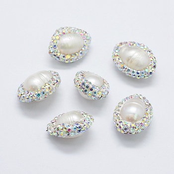 Natural Cultured Freshwater Pearl Beads, with Polymer Clay Rhinestone, Oval, White, 16~19x14~15x9~10mm, Hole: 0.5mm