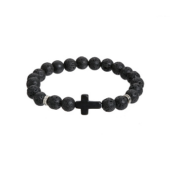 Natural Lava Rock Round & Black Stone Cross Beaded Stretch Bracelets