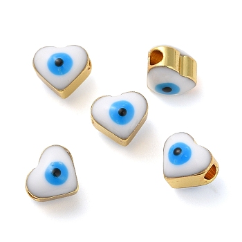 Golden Tone Brass Enamel Beads, Cadmium Free & Lead Free, Long-Lasting Plated, Heart with Evil Eye, White, 6x7x6mm, Hole: 2mm