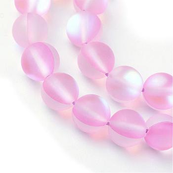 Synthetic Moonstone Beads Strands, Holographic Beads, Dyed, Frosted, Round, Pink, 10mm, Hole: 1mm, about 36~39pcs/strand, 14~15 inch