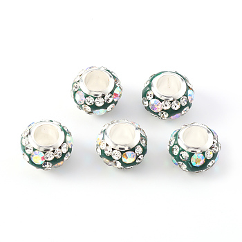 Handmade Polymer Clay Rhinestone European Beads, Large Hole Beads, with Brass Silver Color Core, Rondelle, Dark Green, 11x7.5mm, Hole: 5mm
