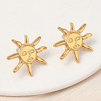 304 Stainless Steel Sun Stud Earrings, Ion Plating(IP), Real 18K Gold Plated, 25x28mm(EJEW-K268-67G)