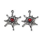 Alloy & Ruby Rhinestone Pendants, Gunmetal, Spider Web Charms, 28x22x3mm, Hole: 1.6mm(FIND-G118-07B-01)