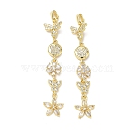 Brass Micro Pave Clear Cubic Zirconia Big Pendants, Flower with Butterfly Drop Charms, Golden, 56x11x5mm, Hole: 5x3mm(CU-E004-02G)