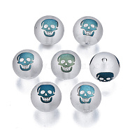 Electroplate Glass Beads, Frosted, Round with Skull Pattern, Cadet Blue, 10mm, Hole: 1.5mm, about 200pcs/bag(EGLA-T009-26B)