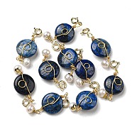 Natural Lapis Lazuli Flat Round Pendant Decorations, Natural Freshwater Pearl Ornament with Brass Spring Ring Clasps, Real 14K Gold Plated, 39mm, Hole: 3mm(G-R489-47G)