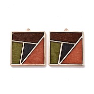 Dyed Wood Pendants, with Light Gold Plated Alloy Findings, Square with Geometric Pattern, Colorful, 35x32x3mm, Hole: 1.8mm(FIND-A006-06KCG)