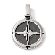 304 Stainless Steel Pendants, Flat Round with Compass Charm, Black & Stainless Steel Color, 32x22x3.5mm, Hole: 8x4.5mm(STAS-Z073-17EB)