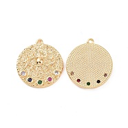 Brass Micro Pave Colorful Cubic Zirconia Pendants, Flat Round with Eye Charm, Real 18K Gold Plated, 22x19.5x2.5mm, Hole: 1.2mm(KK-E068-VC152)