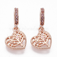 Alloy European Dangle Charms, with Rhinestone and Enamel, Large Hole Pendants, Heart with Tree, Rose Gold, 27mm, Hole: 5mm, Heart: 15x13x2mm(X-MPDL-T004-03RG)