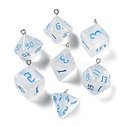 7Pcs 7 Styles Transparent Resin Polyhedral Dice Pendants Set, Multi-Sided Dice Charms with Platinum Plated Iron Loops, Mixed Shapes, Deep Sky Blue, 20~28x19~24x17~24mm, Hole: 2mm, 1pc/style(RESI-A029-01I)