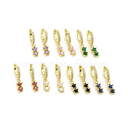 Rack Plating Brass Micro Pave Cubic Zirconia Huggie Hoop Earrings, Dangle Earrings, Long-Lasting Real 18K Gold Plated, Lead Free & Cadmium Free, Double Star, Mixed Color, 25mm, Pin: 0.7mm(EJEW-F278-12-G)