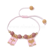 Natural Lava Rock & Natural Rose Quartz & Glass Seed Beaded Braided Bracelets, Adjustable Heart & Cross Charm Bracelets for Women, Inner Diameter: 7/8~3-1/8 inch(2.3~7.9cm)(BJEW-MZ00063-02)