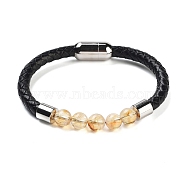 Natural Citrine Round Bead Braided Leather Cord Bracelets for Men Women, with Ion Plating(IP) 304 Stainless Steel Magnetic Clasps, 8-1/4 inch(21cm)(BJEW-A009-11P-02)