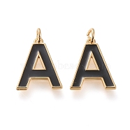 Brass Enamel Pendants, with Jump Ring, Long-Lasting Plated, Real 18K Gold Plated, Letter.A, Black, Letter.A, A: 18x14x1.8mm, Jump Rings: Inner Diameter: 3mm(KK-R139-03A)