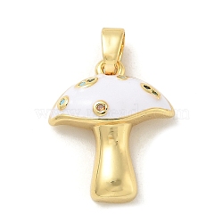 Brass Micro Pave Cubic Zirconia Enamel Pendants, Mushroom Charms, Real 18K Gold Plated, White, 17.5x15x4.5mm, Hole: 5x2.5mm(KK-G517-03G-01)