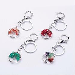 Mixed Stone Keychain, with Alloy Lobster Clasps, Iron Ring and Brass Findings, Flat Round with Tree, Platinum, 95mm(KEYC-P032-C)