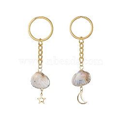 Shell Shape Acrylic Pendant Keychain, with 304 Stainless Stee Charm and Iron Split Key Rings, Moon/Star, Golden, 8.35~9.05cm, 2pcs/set.(KEYC-JKC00488)