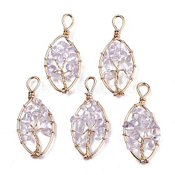 Natural Quartz Crystal Pendants, Light Gold Tone Brass Wire Wrapped, Tree, Oval, 43~44x19x6mm, Hole: 4mm(G-T131-98)