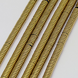 Electroplate Non-magnetic Synthetic Hematite Beads Strands, Heishi Beads, Flat Round/Disc, Grade A, Golden Plated, 2x1mm, Hole: 1mm, about 400pcs/strand, 16 inch(G-J164A-2mm-07)