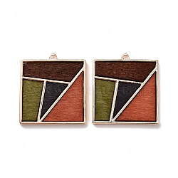 Dyed Wood Pendants, with Light Gold Plated Alloy Findings, Square with Geometric Pattern, Colorful, 35x32x3mm, Hole: 1.8mm(FIND-A006-06KCG)