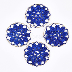 Polycotton(Polyester Cotton) Woven Pendant Decorations, with Brass Findings, Flat Round with Flower, Light Gold, Blue, 35x1mm(X-FIND-Q078-12B)