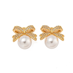 Brass Micro Pave Cubic Zirconia Charms, with ABS Plastic Pearl, Bowknot, Real 18K Gold Plated, 14x13.5x7.5mm, Hole: 1.2mm(KK-U036-08G)