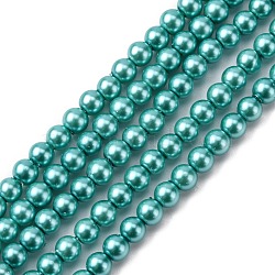 Glass Pearl Beads, Pearlized, Round, Dark Turquoise, 4mm, Hole: 0.7~1.1mm, about 100pcs/Strand, 16''(40.64cm)(HY-J001-4mm-HX052)