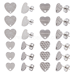 40Pcs 4 Style 304 Stainless Steel Heart Stud Earring Findings, with Ear Nuts and Hole, Stainless Steel Color, 12x9~13mm, Hole: 1.4~1.5mm, pin: 0.7mm, 10Pcs/style(STAS-DC0014-82)