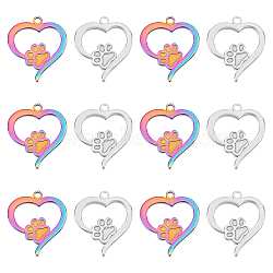 DICOSMETIC 12Pcs 2 Colors PVD Vacuum Plating 304 Stainless Steel Pendant Cabochon Settings For Enamel, Heart with Dog Footprint, Rainbow, Mixed Color, 25x27.5x2mm, Hole: 2mm, 6pcs/color(STAS-DC0005-19)