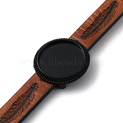 Alloy Flat Round Link Bracelet Settings fit for Cabochons, with Feather Pattern PU Leather Cords, Black, 8 inch(20.3cm), Tray: 18x18mm(FIND-M009-01EB)