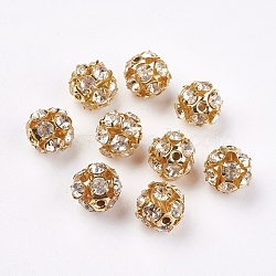 Brass Clear Rhinestone Beads, Grade B, Round, Golden, 10mm(RB-A017-10mm-G)
