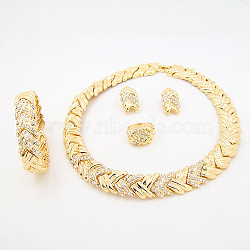 Woven Pattern Alloy with Rhinestone Chain Necklaces & Stud Earrings & Bangles & Rings Sets, Golden, 400mm(FS-WG1F788-01)