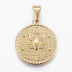 Real 18K Gold Plated 304 Stainless Steel Pendants, Flat Round with Twelve Constellation/Zodiac Sign, Cancer, 29x25x3.2mm, Hole: 9x4.5mm(X-STAS-H372-01A)