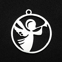 201 Stainless Steel Pendants, Laser Cut, Ring with Angel, Stainless Steel Color, 22x20x1mm, Hole: 1.6mm(STAS-R111-JA670)