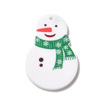 Printed Christmas Themed Acrylic Pendants, Snowman, Green, 41x28x2mm, Hole: 1.6mm