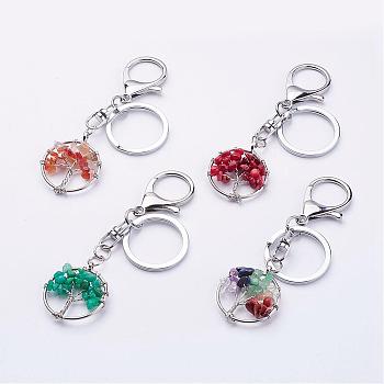 Mixed Stone Keychain, with Alloy Lobster Clasps, Iron Ring and Brass Findings, Flat Round with Tree, Platinum, 95mm
