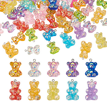 60Pcs 2 Style Electroplate Transparent Resin Pendants, with Platinum Iron Loop, Bear, Mixed Color, 30pcs/style