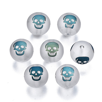 Electroplate Glass Beads, Frosted, Round with Skull Pattern, Cadet Blue, 10mm, Hole: 1.5mm, about 200pcs/bag