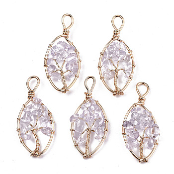 Natural Quartz Crystal Pendants, Light Gold Tone Brass Wire Wrapped, Tree, Oval, 43~44x19x6mm, Hole: 4mm