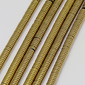 Electroplate Non-magnetic Synthetic Hematite Beads Strands, Heishi Beads, Flat Round/Disc, Grade A, Golden Plated, 2x1mm, Hole: 1mm, about 400pcs/strand, 16 inch
