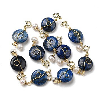 Natural Lapis Lazuli Flat Round Pendant Decorations, Natural Freshwater Pearl Ornament with Brass Spring Ring Clasps, Real 14K Gold Plated, 39mm, Hole: 3mm