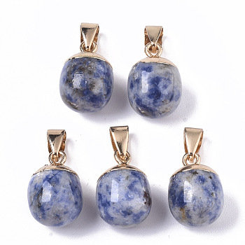 Top Golden Plated Natural Blue Spot Jasper Pendants, with Iron Snap on Bails & Loop, Barrel, 17~19x11.5~12.5mm, Hole: 4x6mm