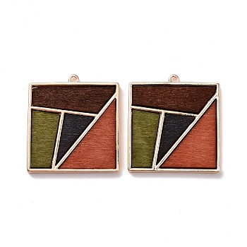 Dyed Wood Pendants, with Light Gold Plated Alloy Findings, Square with Geometric Pattern, Colorful, 35x32x3mm, Hole: 1.8mm