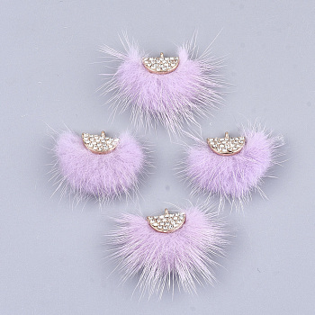 Faux Mink Fur Tassel Pendant Decorations, with Rhinestone and Alloy Findings, Fan, Golden, Violet, 24~28x29~34x8mm, Hole: 1.5mm