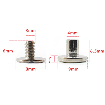 Brass Rivets, with Iron Screw, for Purse Handbag Shoes Leather Craft Clothes Belt Bookbinding, Round, Platinum, 0.9x0.65cm