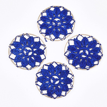 Polycotton(Polyester Cotton) Woven Pendant Decorations, with Brass Findings, Flat Round with Flower, Light Gold, Blue, 35x1mm
