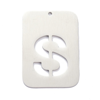 304 Stainless Steel Pendants, Rectangle with Alphabet, Hollow, Letter.S, 32x22x1mm, Hole: 1.5mm