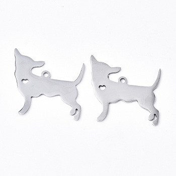 304 Stainless Steel Pendants, Silhouette Charms, Laser Cut, Dog, Stainless Steel Color, 29x30x1.5mm, Hole: 2mm